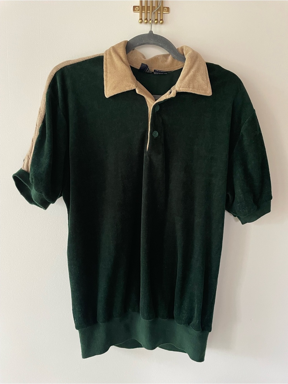 Vintage Men's Dark Green Velour Polo with Tan Contrast Collar Grandpacore Dad